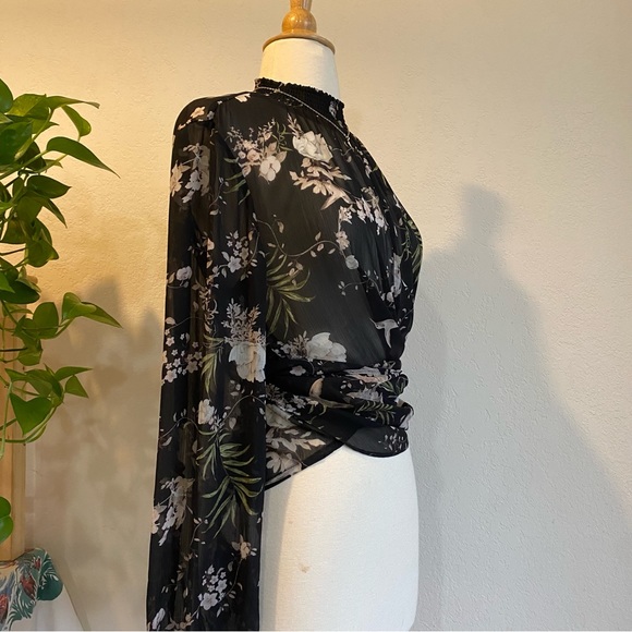 Sheer black floral high neck tie waist blouse - Picture 5 of 15